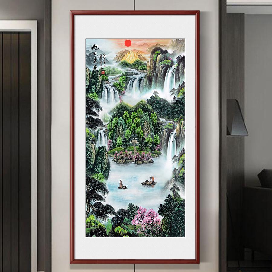 办公室聚宝盆山水挂画进门玄关竖版八方来财装饰走廊过道壁画客厅