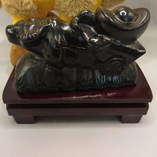 天然黑耀石招财牛拉元宝摆件风水白居家客厅玄关生肖吉祥物摆件