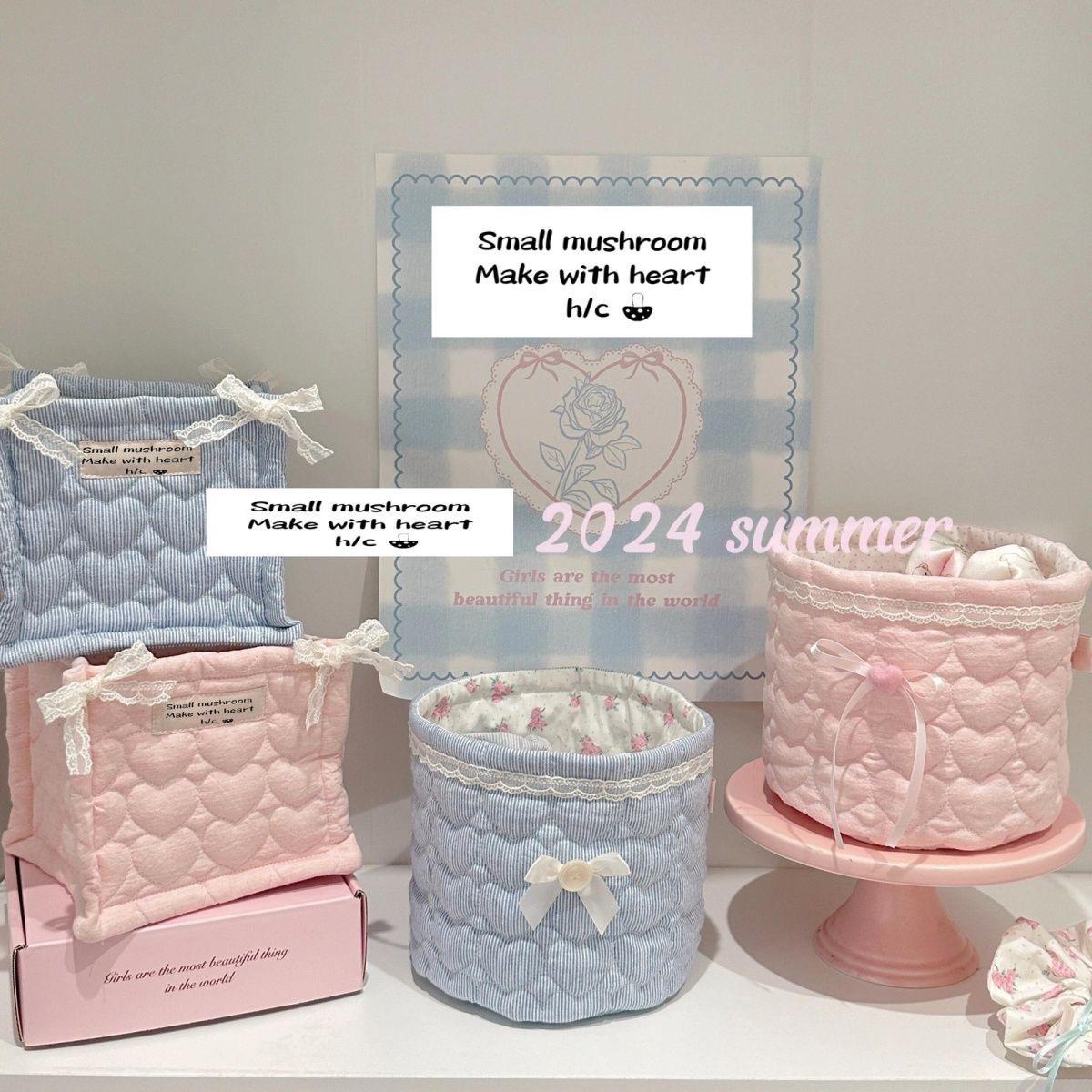 新款手工制ins芭蕾风爱心夹棉绗缝圆筒桌面收纳盒收纳整理筐笔筒