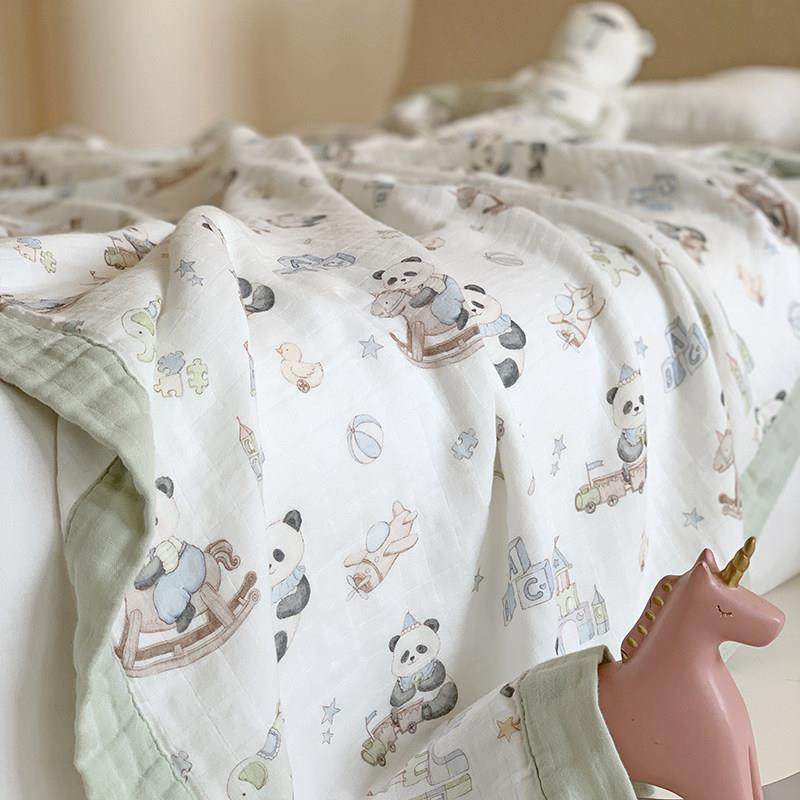 夏季可爱熊猫婴儿A类竹纤维纯棉纱布毯子儿童午睡凉感空调盖毯被