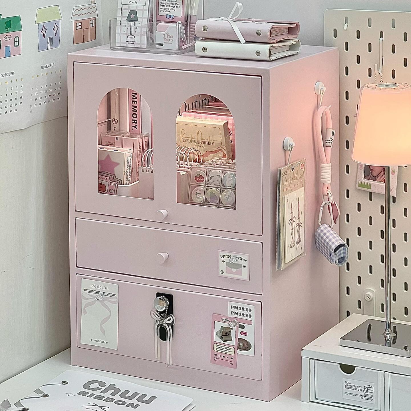 粉色密码锁铁皮柜书桌桌面翻盖抽屉式文具铁皮收纳柜文件储物柜子