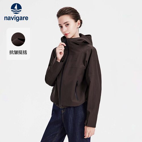 Navigare小帆船2026秋季新款户外宽松短款防风立领连帽夹克外套女