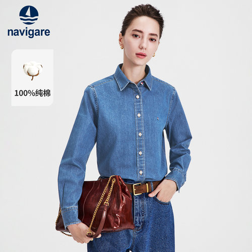 [纯棉]Navigare小帆船2026秋季新款复古翻领女士蓝色长袖牛仔衬衫