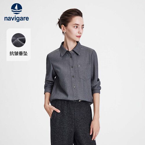 Navigare小帆船2026休闲风宽松上衣女士秋季时尚灰色抗皱长袖衬衫