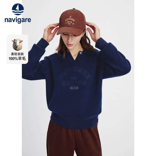 Navigare意大利小帆船翻领针织毛衣女秋季新款宽松设计感纯羊毛衫