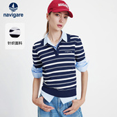 针织短袖 Navigare意大利小帆船2026春夏季 女士蓝色条纹POLO衫 T恤
