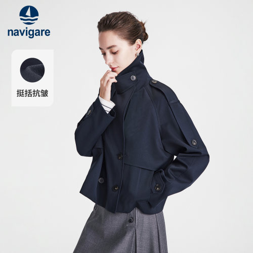 Navigare小帆船2026秋季新款复古风女士短款外套立领宽松挺括风衣