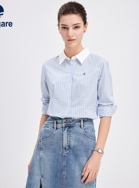 Navigare意大利小帆船纯棉修身衬衫女26春夏新品撞色领条纹长衬衣