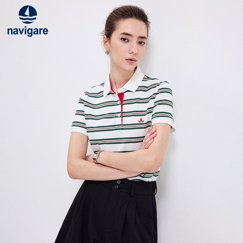 Navigare长绒棉条纹短袖Polo衫