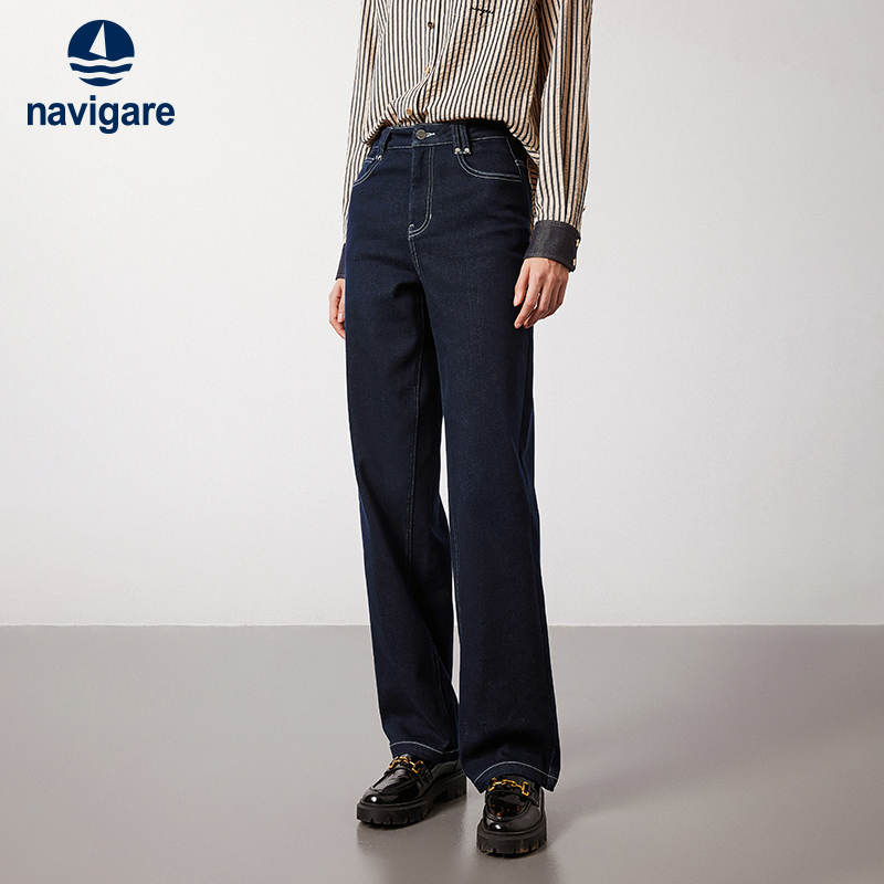 Navigare自然腰磨毛牛仔长裤
