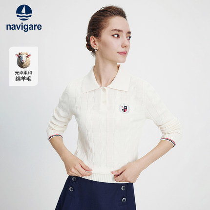 Navigare意大利小帆船羊毛衫女士翻领毛衣025秋季新款高级打底衫