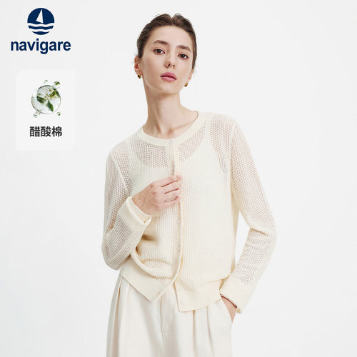 Navigare意大利小帆船2026秋季薄款上衣老钱风女白色针织圆领开衫