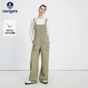 子 纯棉直筒显瘦长裤 Navigare意大利小帆船牛仔背带裤 女士2025新款