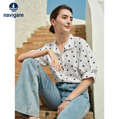 Navigare意大利小帆船纯棉波点衬衫 套头衬衣 宽松中袖 女26夏季 新款