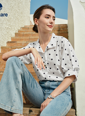 Navigare意大利小帆船纯棉波点衬衫女26夏季新款宽松中袖套头衬衣
