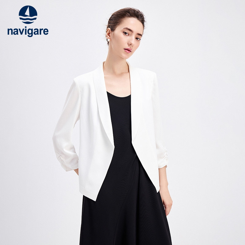 Navigare意大利小帆船白色修身小西装女26春夏新品通勤七分袖西服