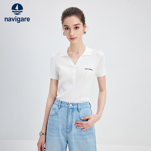 Navigare修身V领短袖Polo衫