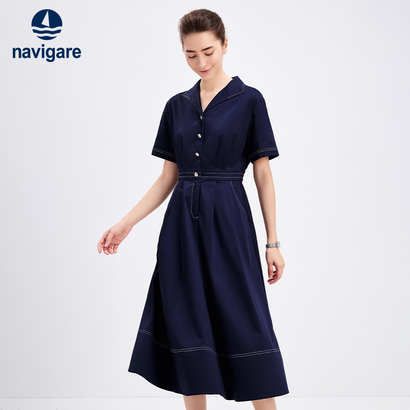 Navigare收腰尖领短袖连衣裙
