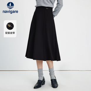 Navigare意大利小帆船女半身裙秋季 百搭中长裙 复古羊毛A字裙修身