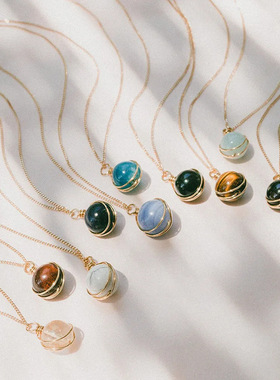 欧美跨境货源天然水晶红玛瑙不锈钢项链海蓝宝珠子绕丝吊坠饰品