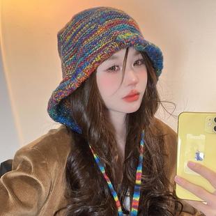 彩虹撞色显脸小针织绑带毛线帽保暖护耳包头帽 秋冬毛线帽子女韩版