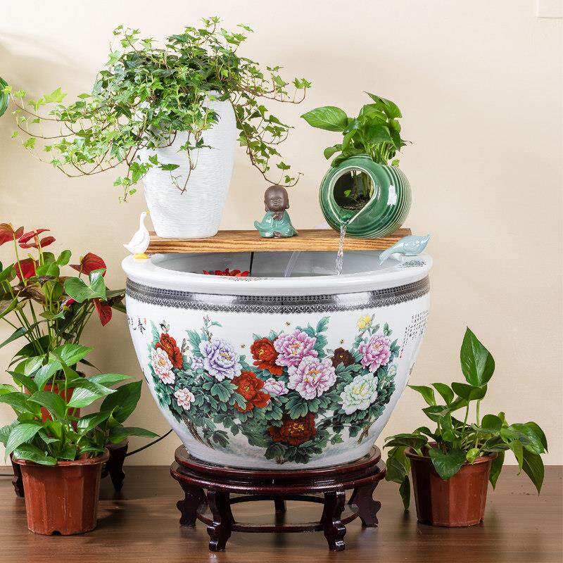 景德镇陶瓷鱼缸大号养金鱼缸睡莲荷花缸庭院陶罐循环流水造景水缸