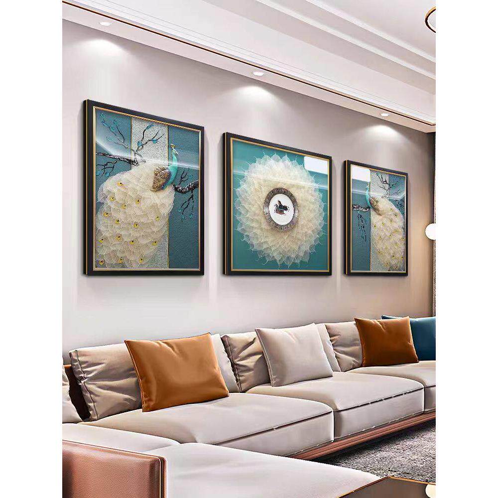新中式客厅装饰画沙发背景墙挂画高档实物立体画孔雀菩提叶三联画