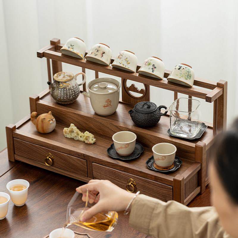 黑胡桃木置物架办公室桌面收纳博古架现代简约家具茶具架展示架