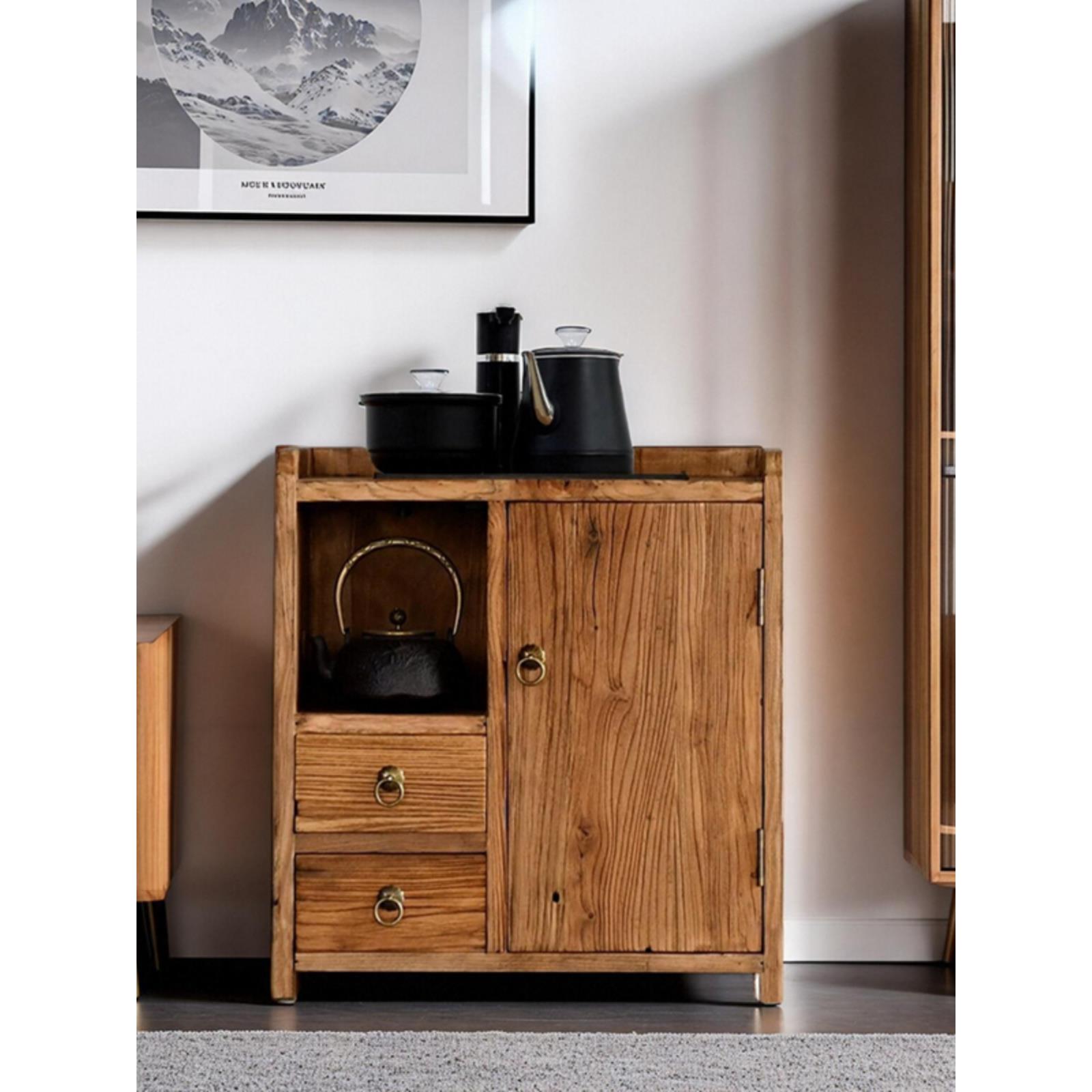 全实木餐边柜煮水泡茶一体移动茶水柜老榆木风化茶桌侧边柜侘寂风