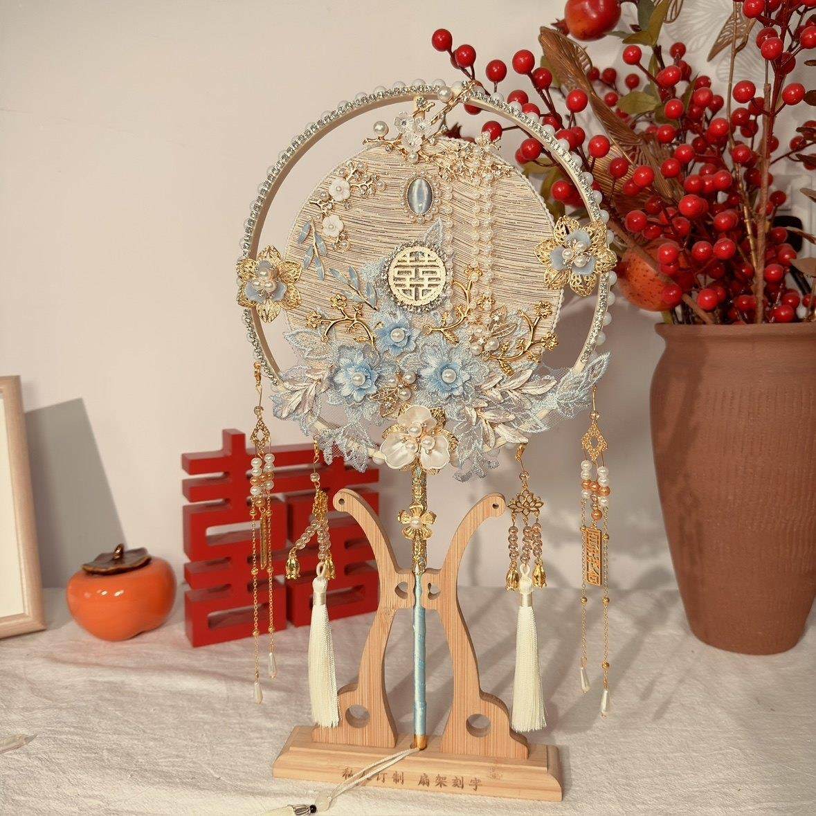 团扇蓝色新娘秀禾结婚diy材料扇婚子婚礼手工中式高级喜扇成品阁,家居饰品,工艺扇/团扇/喜扇/折扇,淘宝优惠券,粉丝福利购,淘宝优惠卷