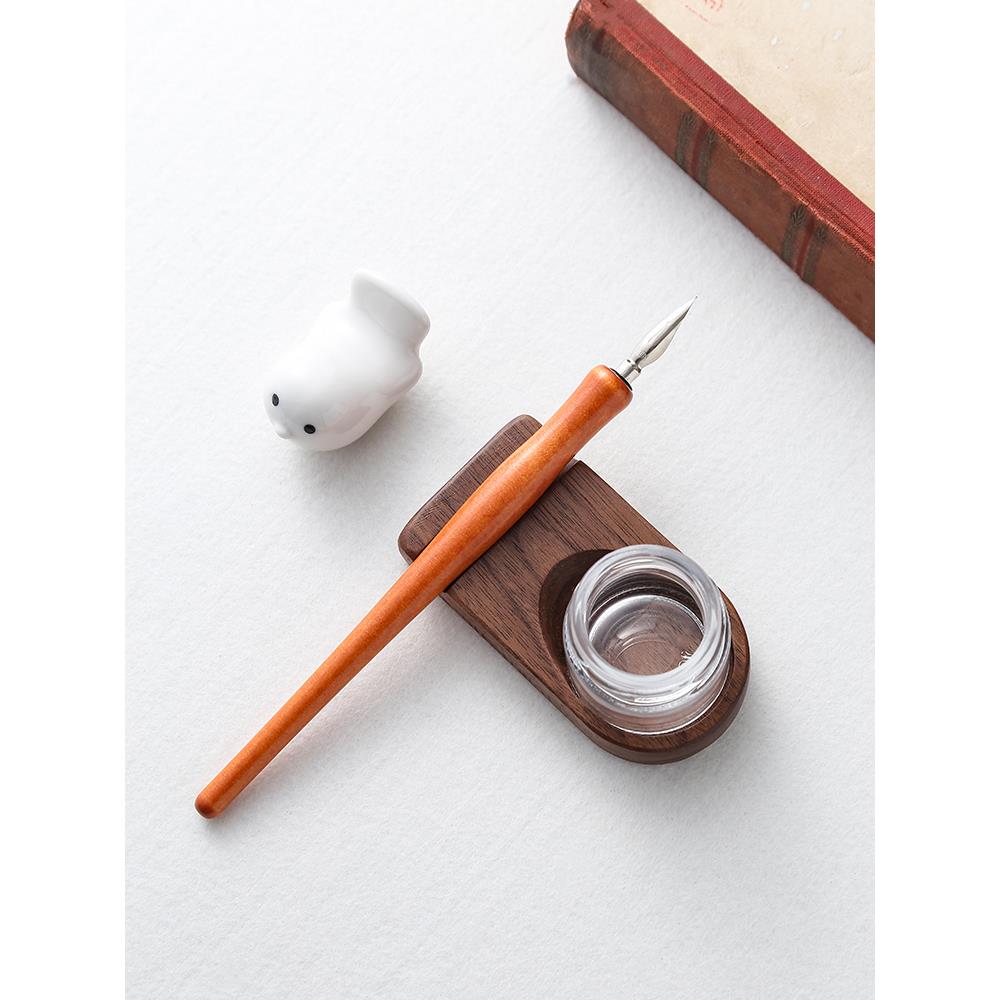 采墨胡桃木蘸水笔笔座玻璃樽墨水座毛笔笔架笔搁笔托收纳实木摆件