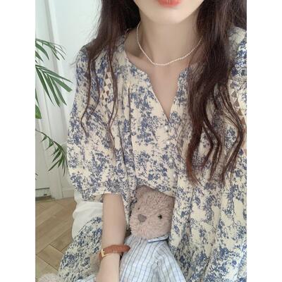 韩国甜美水墨画花棉女式睡衣夏季双层薄纱短袖睡衣家庭穿薄