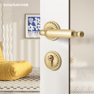 烁盾法式 室内卧室房门锁金色拉丝分体锁磁吸静音木门锁复古门把手