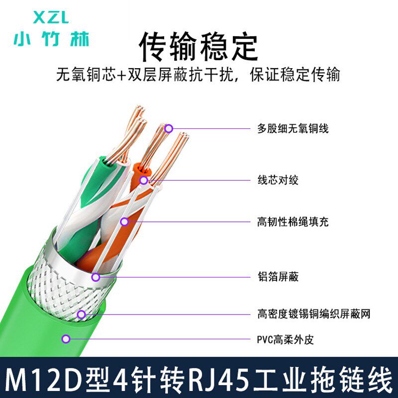 M12转RJ45工业千兆以太网络线 高柔带屏蔽拖链线缆工业防水网线