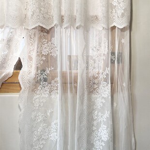 法式 浪漫长幔头白蕾丝奶油窗帘半帘穿杆挂钩免打孔门帘粘贴魔术贴