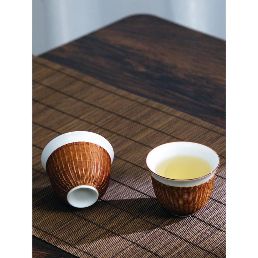 竹丝扣瓷中式四川非遗纯手工艺斗笠杯瓷胎竹编景德镇功夫茶杯茶具