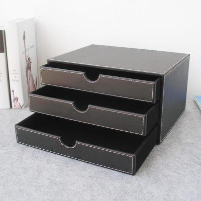 商友 皮革桌面文件柜两/三层A4抽屉式桌面收纳盒 办公室用品商务