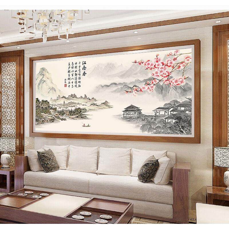 纯手工十字绣成品江南春忆江南新款客厅水墨风景沙发墙挂画带框