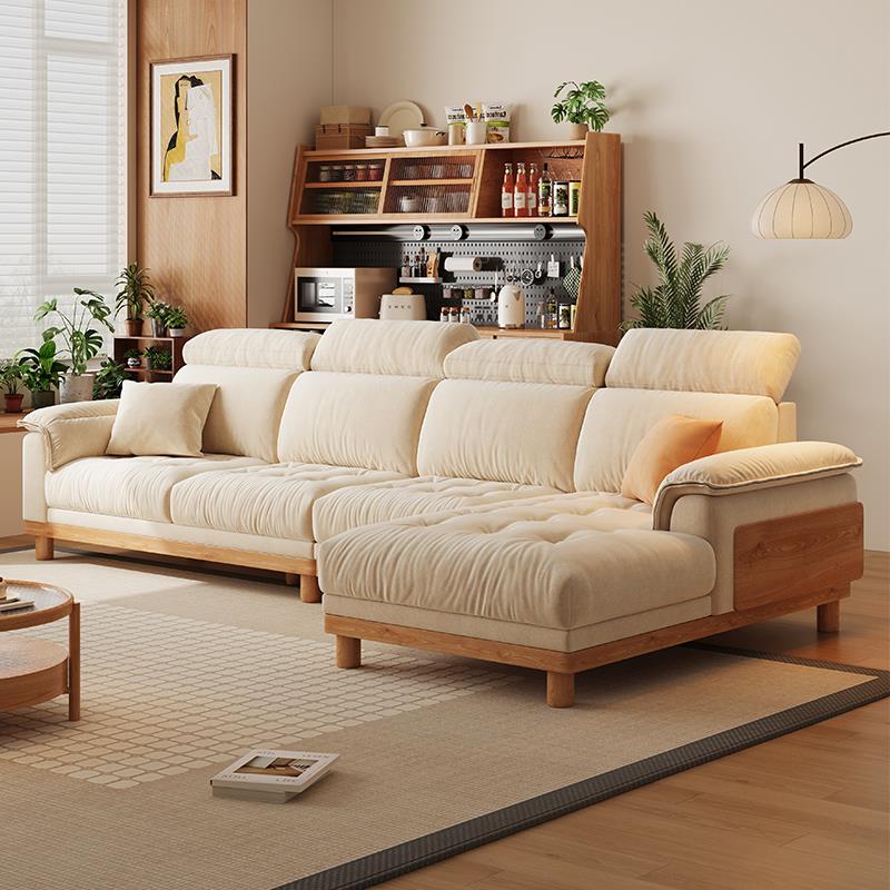 现代简约实木布艺沙发日式客厅原木风可调节头枕猫抓布贵妃沙发