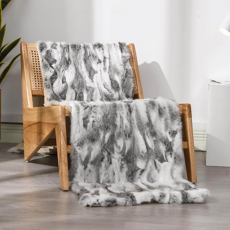 现代简约灰白色真兔毛皮草床尾巾搭毯客厅床上装饰毯样板房间软装