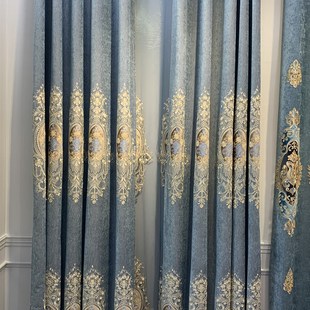 现代新中式 绿色客厅加厚雪尼尔绣花C窗帘成品粉色卧室刺绣纱帘606