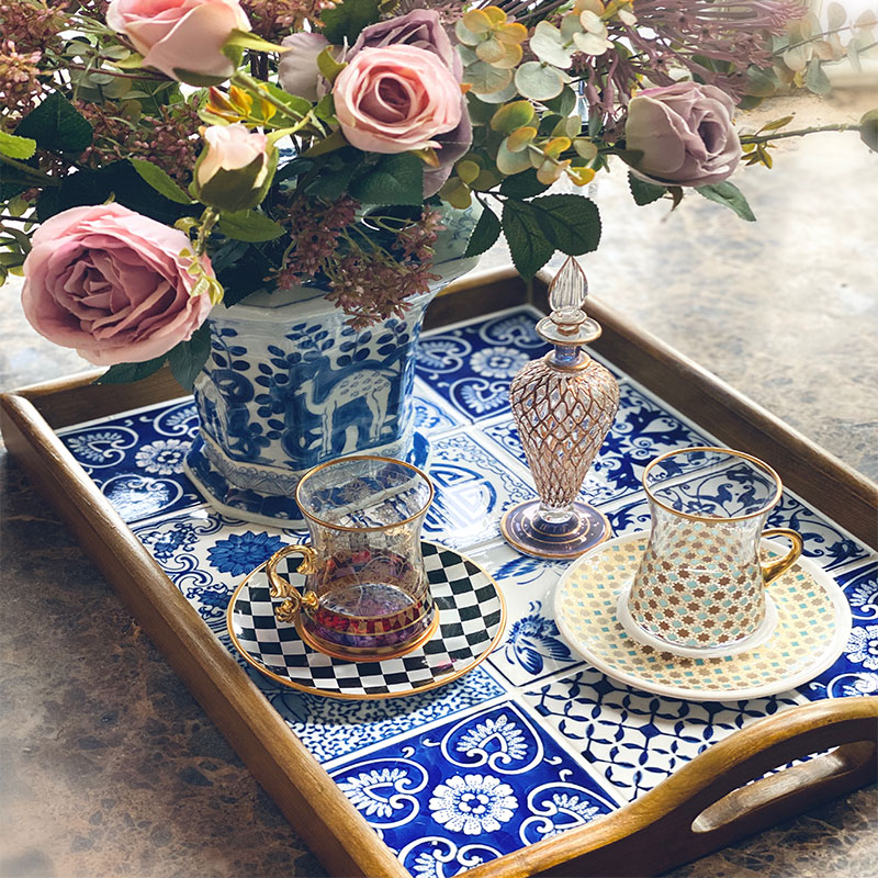 高两河纯手绘新中式美式青花粉彩瓷片拼接茶具茶盘陶瓷青花瓷托盘