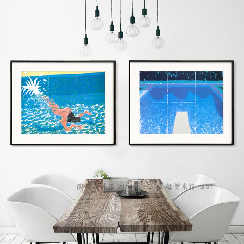 游泳池B组 大卫霍克尼 阁楼美术馆客厅装饰画沙发墙挂画金属画框