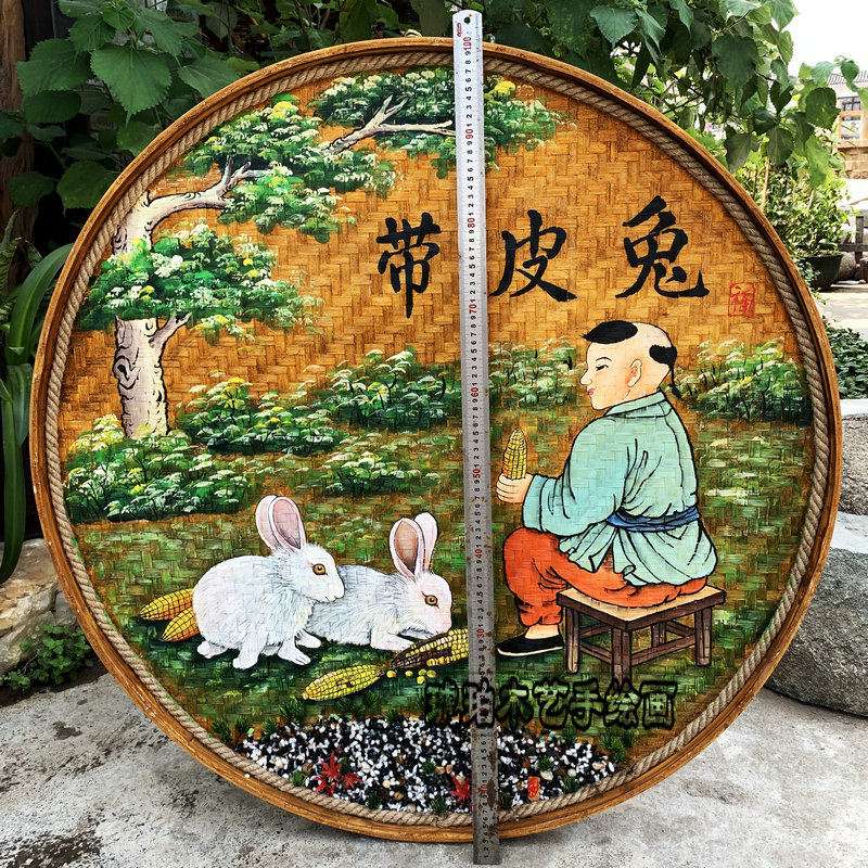 手绘竹编a画复古怀旧餐馆墙面装饰画农庄饭店墙壁挂饰圆形簸箕挂图片