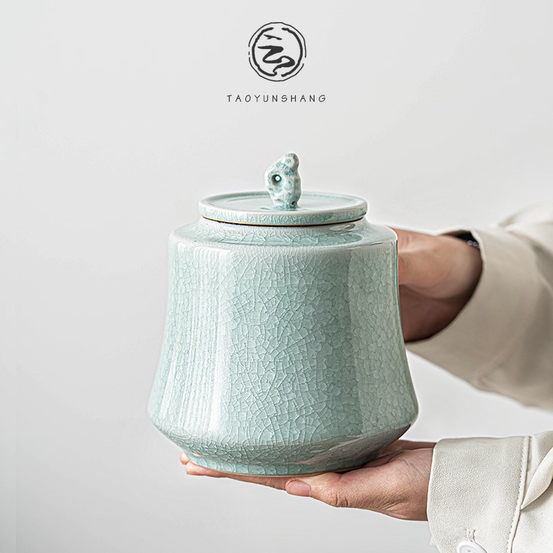 汝窑茶叶罐陶瓷密封罐开片冰花釉家用储物罐带盖茶盒茶仓茶叶盒