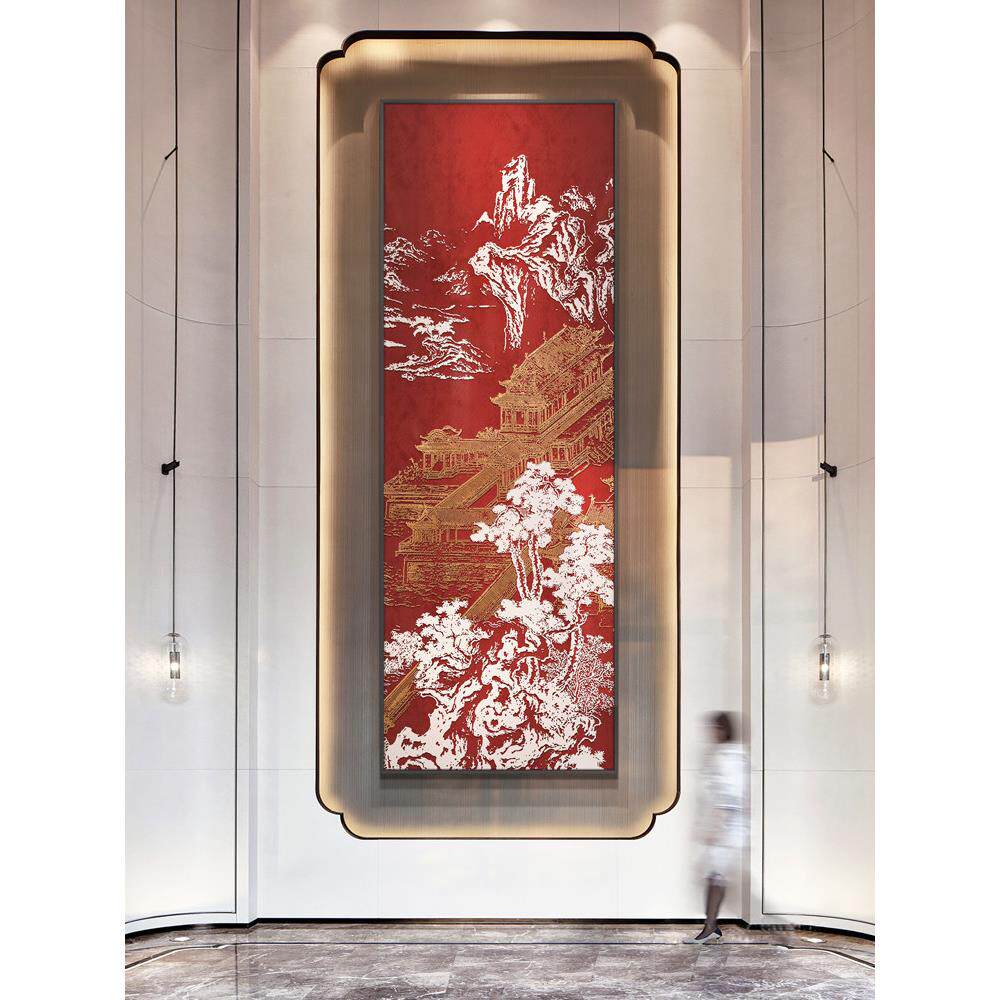 新中式玄关装饰画《锦绣山河》风景浮雕肌理立体高端大气竖款挂画
