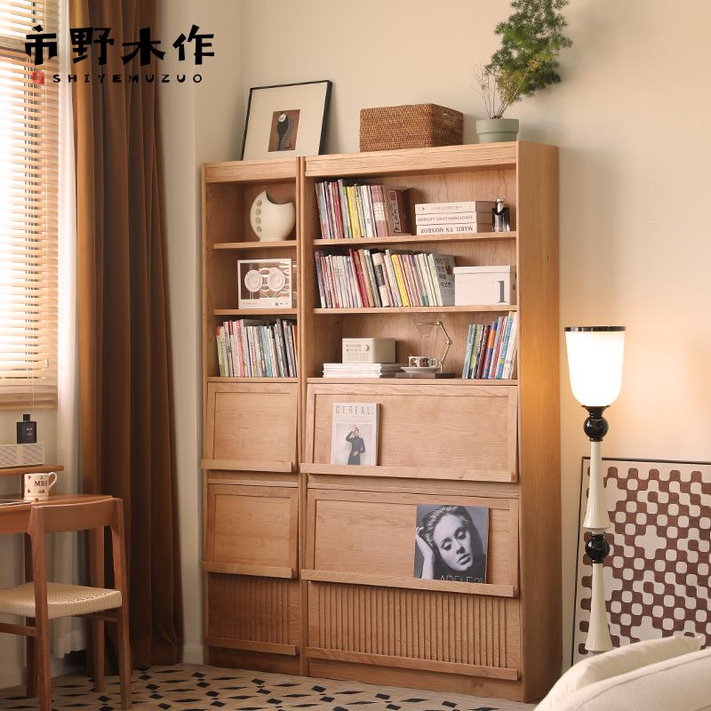 市野木作北欧实木书柜客厅整墙组合柜日式樱桃木落地书架书橱定制