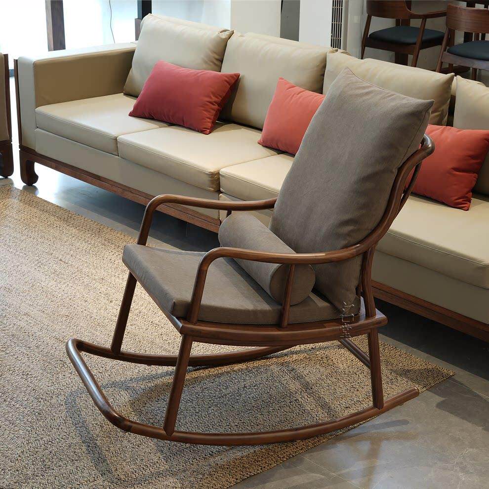 新中式实木摇椅黑胡桃木懒人沙发家用客厅阳台休闲 宋式摇摇椅躺