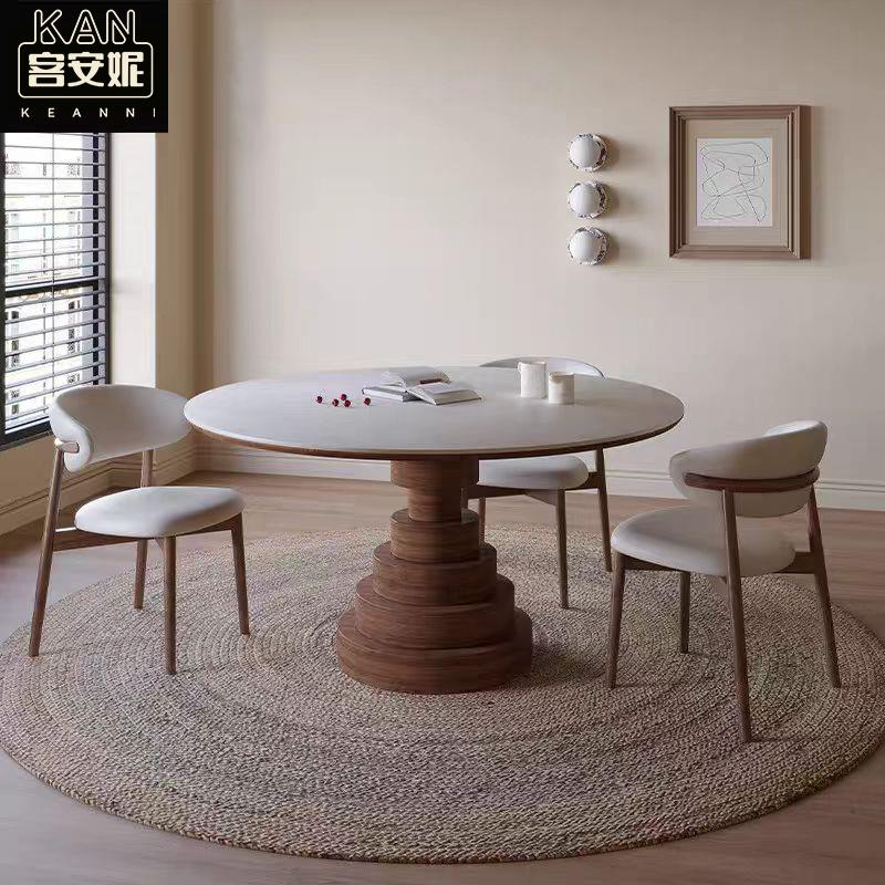 古风岩板实木圆桌餐桌简约小户型现代圆形转盘饭桌家用组合餐桌椅