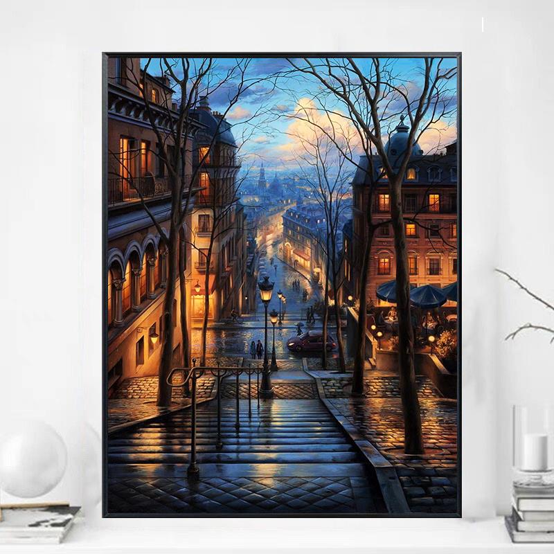 欧式风景钻石画2024新款 街头夜景手工diy贴钻十字绣客厅卧室满钻